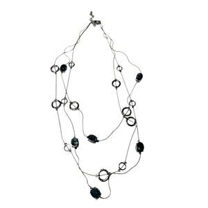 Triple Strand Silver Tone Necklace with Silver Tone Circles and Blue Oval Stones